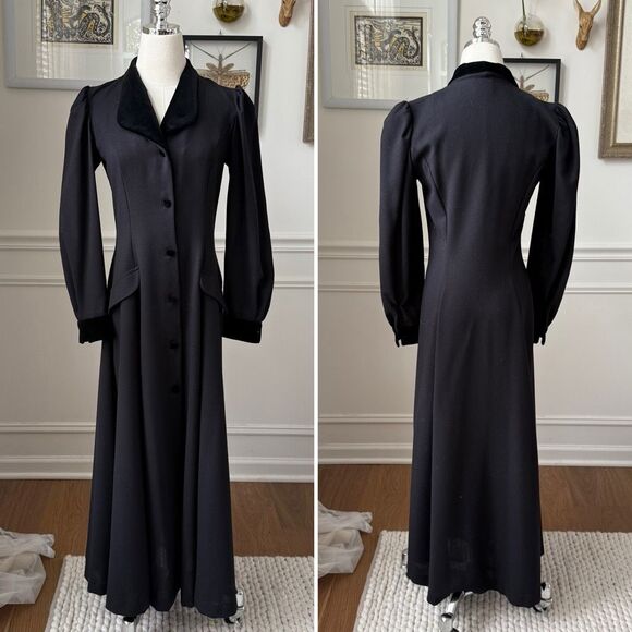 Vintage Laura Ashley Victorian Riding Dress Black Velvet Trim 4 - Picture 1 of 9